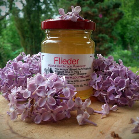 Glas Fliedergelee in Fliederblüten im Garten