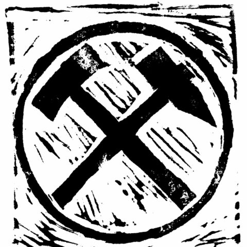 Linolschnitt Glück Auf mit Hammer und Stößel